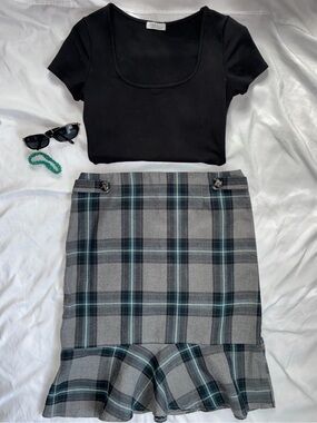 East 5th Button Gray Plaid Pencil Skirt with Teal Accents Mermaid Cut